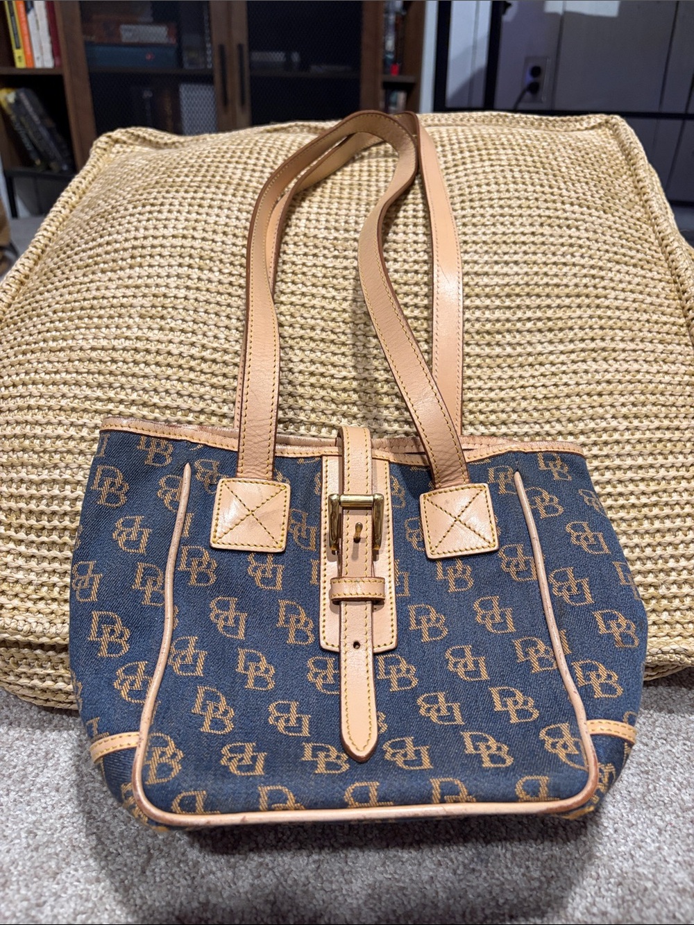 Dooney & Bourke Y2K Navy Monogram Canvas Vachetta Leather Shoulder Bag